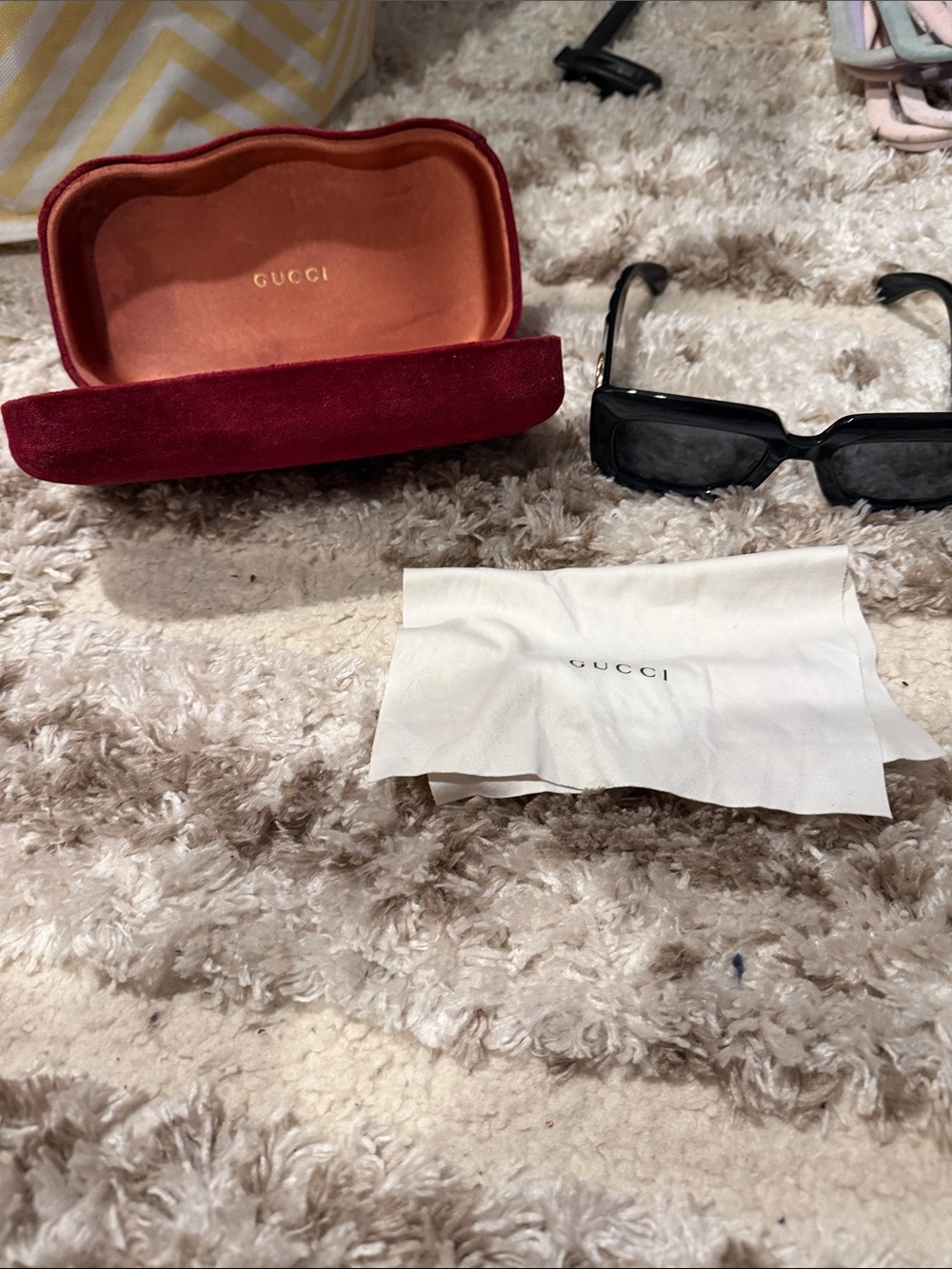 Gucci Black Rectangular Sunglasses with Burgundy Velvet Case and White Cloth